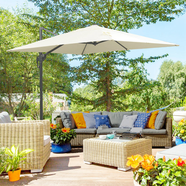 Parasol déporté carré de 8 pieds avec base en croix, blanc crème