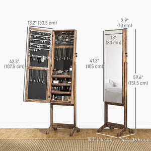 Armoire à bijoux verrouillable avec miroir pleine longueur et rangement pour bijoux, marron rustique