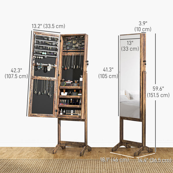 Armoire à bijoux verrouillable avec miroir pleine longueur et rangement pour bijoux, marron rustique