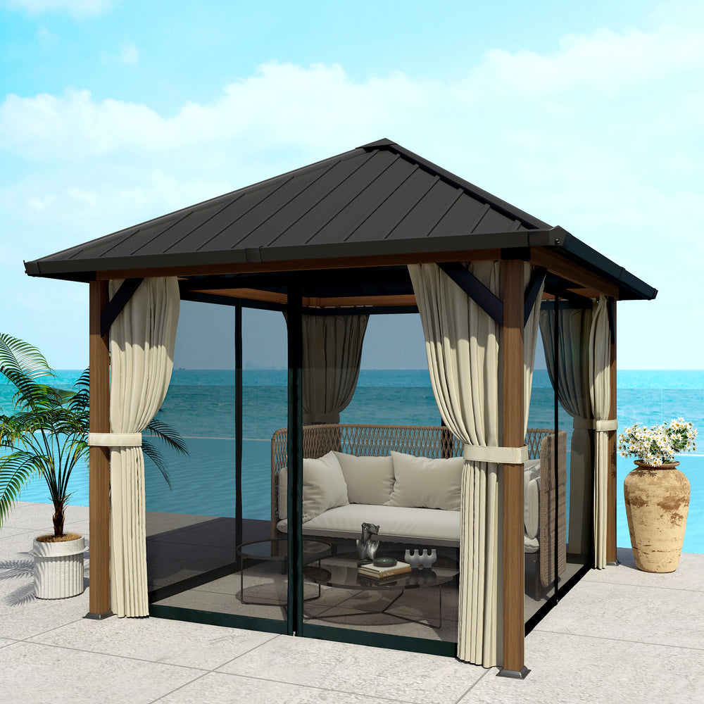 10' x 10' Hardtop Gazebo with Galvanized Steel Roof, Permanent Garden Gazebo with Netting and Curtains