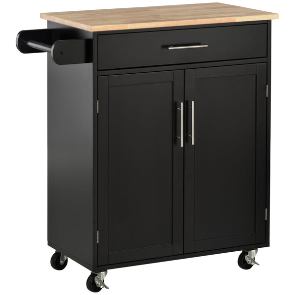 Chariot de cuisine roulant avec plateau en bois, noir