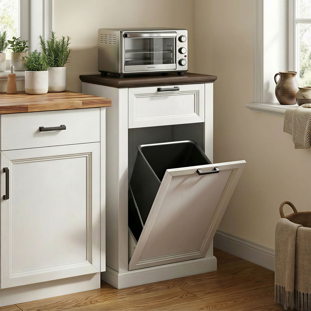 Meuble poubelle de 38 litres avec tiroir, style ferme, effet bois blanc