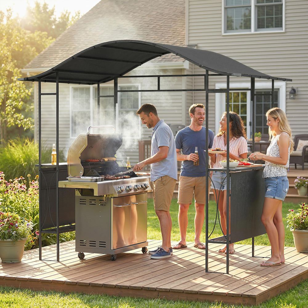 8' x 5' Grill Gazebo Canopy, Outdoor BBQ Shelter with 2 Side Shelves, Dark Grey