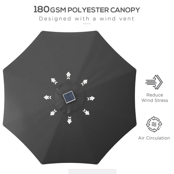 Parasol lumineux à LED de 9,6 pieds avec 4 modes d'éclairage, chargement solaire et USB, gris anthracite
