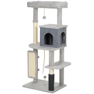 Arbre à chat de 132 cm avec griffoirs, panier, niche, brosse de toilettage, gris