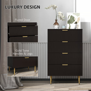 Modern 4-drawer dresser for bedroom, gold legs and handles, black