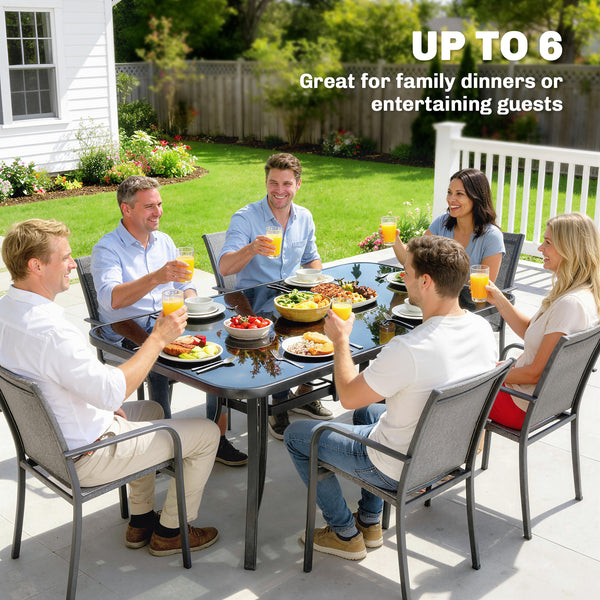 Garden table for 6 people with parasol hole, made of metal with tempered glass top