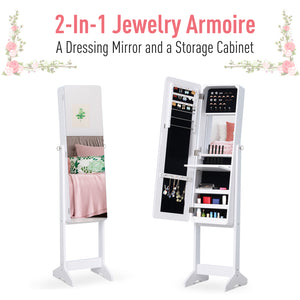 Armoire à bijoux sur pied avec miroir, éclairage LED et support, blanc