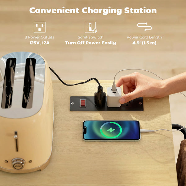 Îlot de cuisine mobile blanc avec comptoir rabattable, prises électriques et rangement