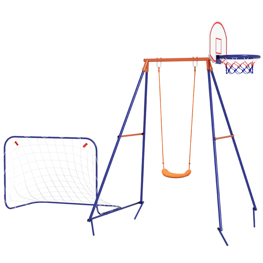 Balançoire d'extérieur avec siège pivotant, panier de basket et but de football
