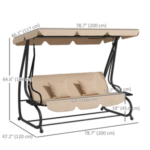 Balancelle d'extérieur 3 places, convertible en lit plat avec abat-jour réglable, coussins amovibles, porte-gobelet, marron clair