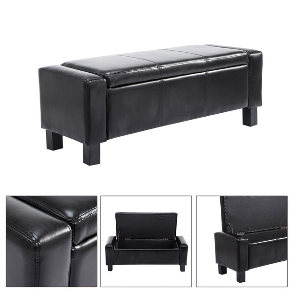 Banc ottoman de rangement rembourré en similicuir de luxe, noir