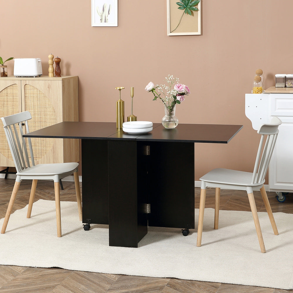 Folding table with 2-tier shelves and castors, black