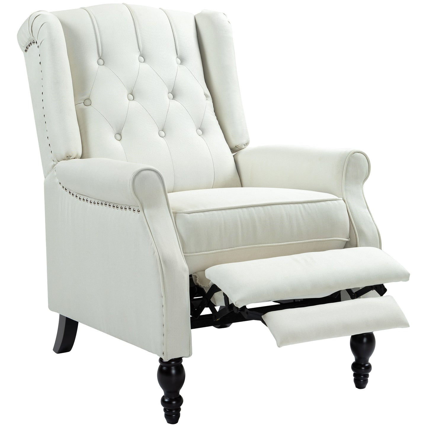 Fauteuil inclinable avec repose-pieds, capitonné et accoudoirs roulés pour salon, blanc crème
