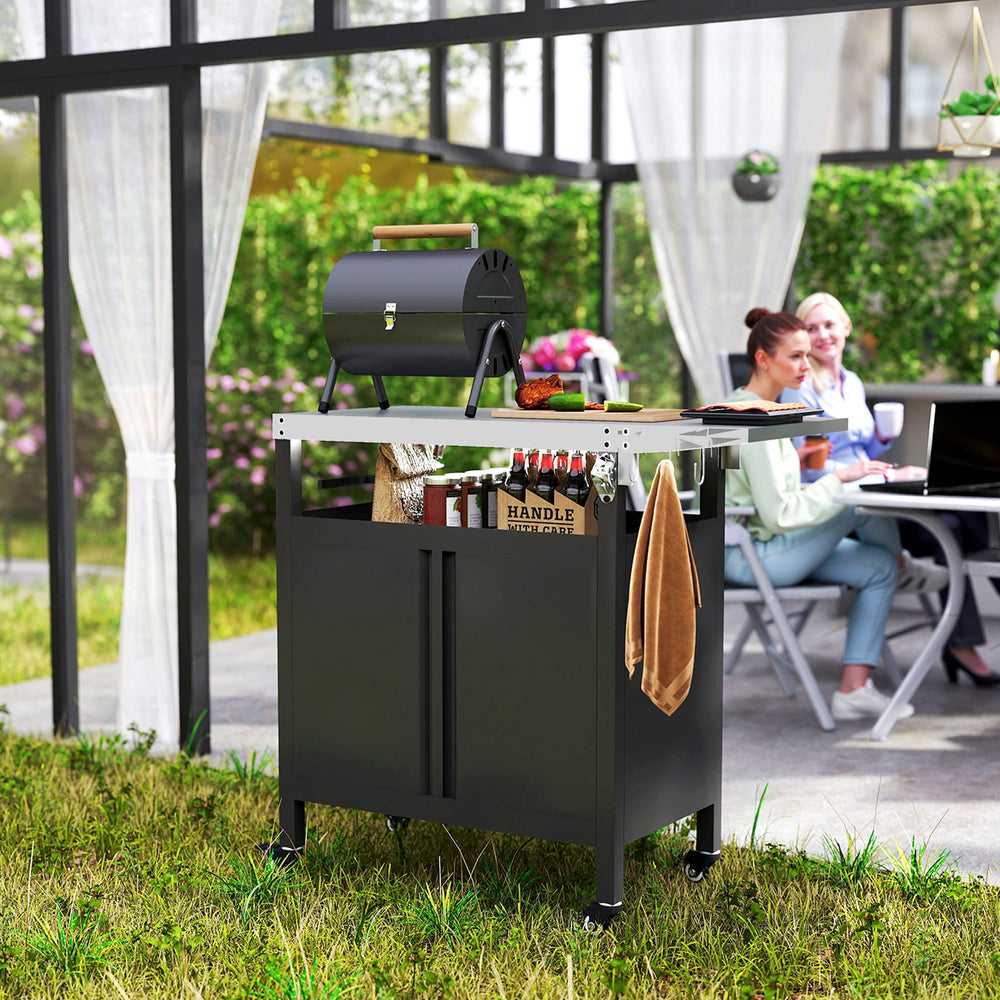 Outdoor Grill Cart Table with Foldable Side Table, BBQ Grill Stand with Stainless Steel Top & Hooks, 45.7"x19.7", Black