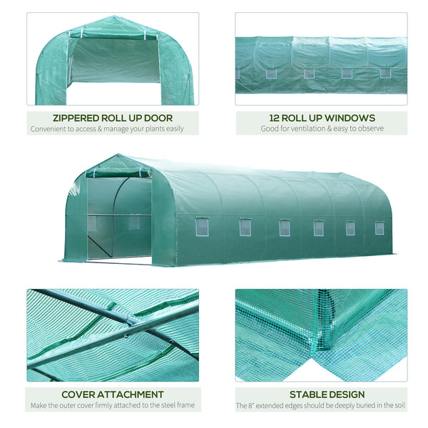Tunnel greenhouse with 12 windows, easy to assemble, steel frame, green