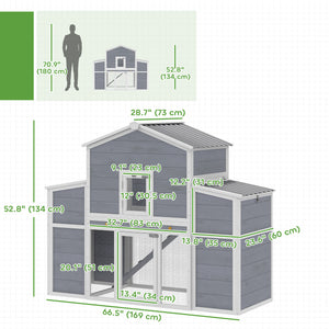 Wooden chicken coop with 2 nesting boxes, a pull-out tray, and a ramp