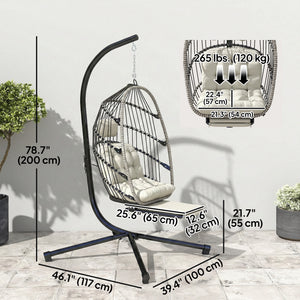 Fauteuil suspendu d'extérieur en forme d'œuf avec repose-pieds rétractable et support en métal gris clair