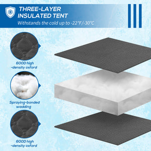 Insulated ice fishing shelter for 4 people, portable and foldable with carry bag and two doors, for temperatures down to -30°C, black