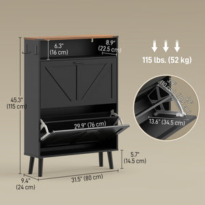 Shoe cabinet with 2 tilt-out drawers, country style, narrow, holds up to 16 pairs, black