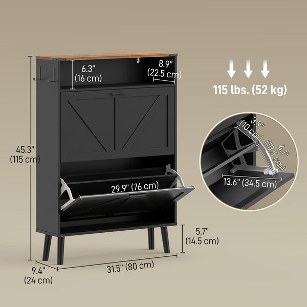 Shoe cabinet with 2 tilt-out drawers, country style, narrow, holds up to 16 pairs, black