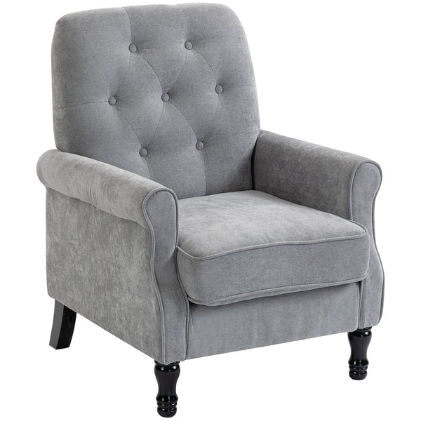 Mid-century modern accent chair with thick padded seat, spring cushion, solid wood legs, gray