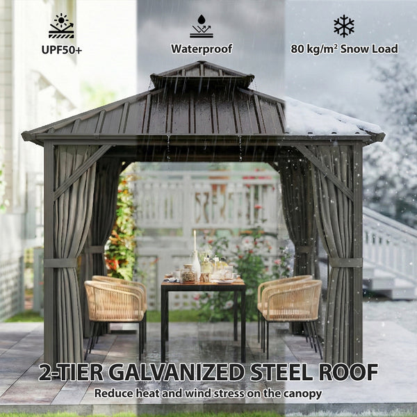 Gazebo toit rigide 10' x 10' avec double toit en acier galvanisé, structure en aluminium, gris foncé