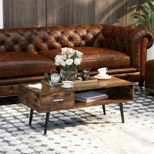 Table basse rétro avec étagère de rangement et tiroir pour salon, marron rustique