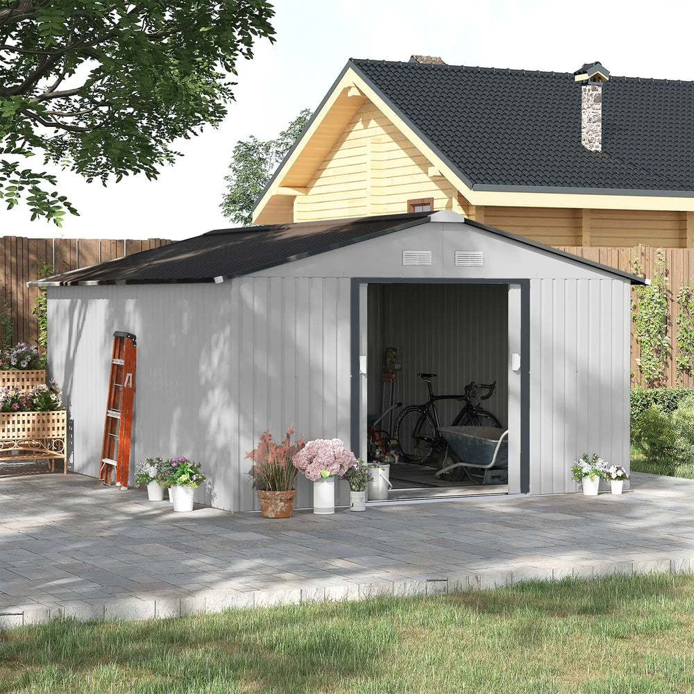 Abri de jardin 11' x 13' avec ensemble de fondation, en métal avec portes doubles, blanc