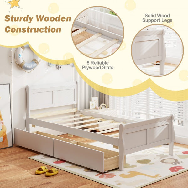 Lit simple avec 2 tiroirs de rangement, cadre de lit plateforme en bois