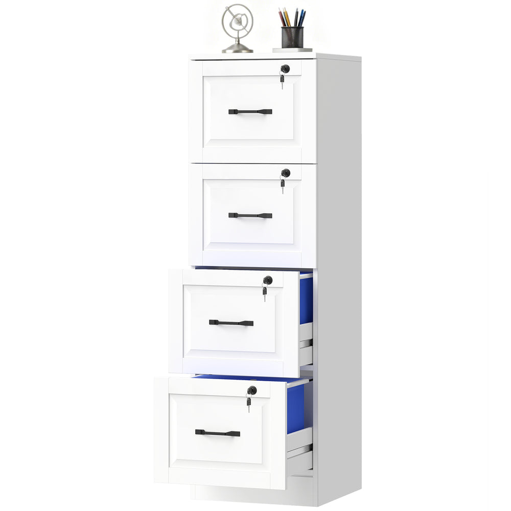 Classeur vertical à 4 tiroirs avec serrure, équipé de barres de suspension réglables pour formats A4 et Lettre, blanc.