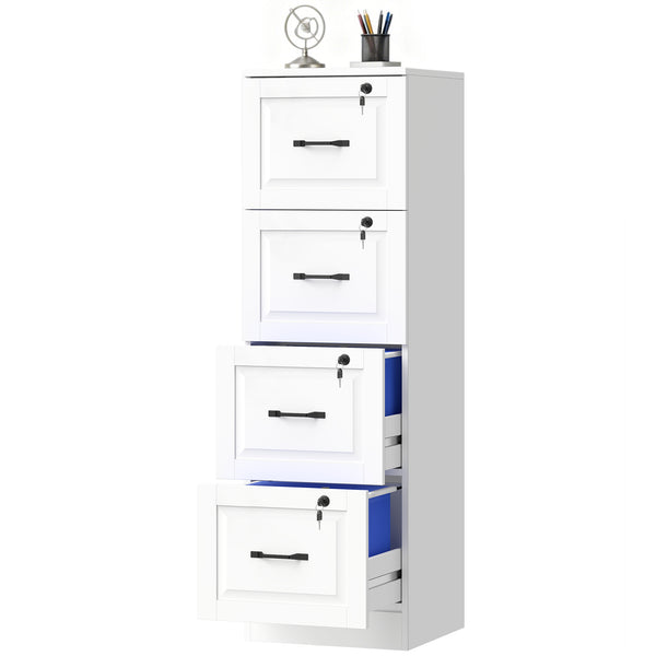Classeur vertical à 4 tiroirs avec serrure, équipé de barres de suspension réglables pour formats A4 et Lettre, blanc.