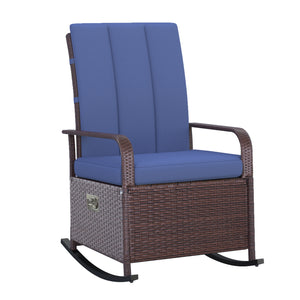 Fauteuil inclinable à bascule d'extérieur en résine tressée avec coussin, bleu foncé