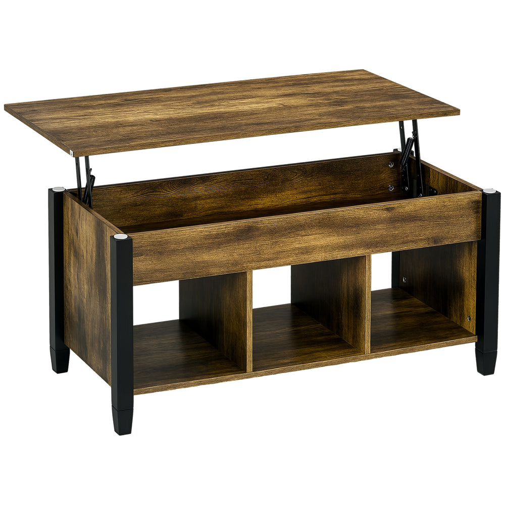 Table basse relevable avec compartiment de rangement dissimulé, 3 étagères inférieures, marron rustique