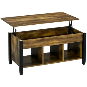 Table basse relevable avec compartiment de rangement dissimulé, 3 étagères inférieures, marron rustique