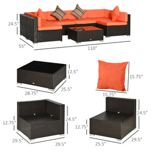 Ensemble de jardin modulable 7 pièces en résine tressée avec table basse, orange