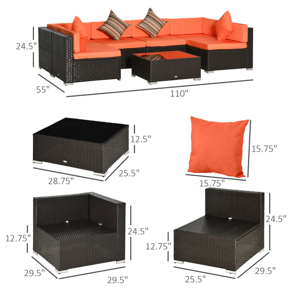 Ensemble de jardin modulable 7 pièces en résine tressée avec table basse, orange