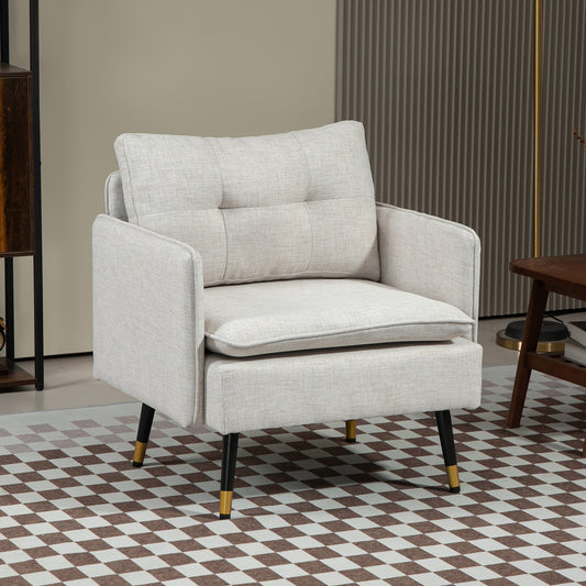 Fauteuil d'appoint moderne rembourré avec coussin de dossier capitonné et pieds en acier pour salon, blanc crème