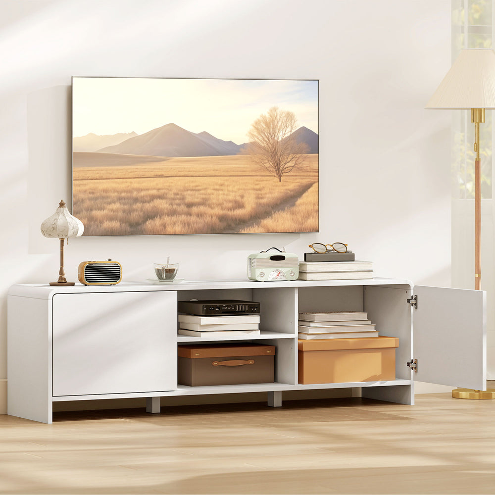 TV stand for TVs up to 65 inches, Nordic style media center with 2 cupboards and 2 shelves, white