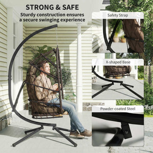 Fauteuil suspendu avec support, en rotin tressé avec coussin épais et corde de sécurité, marron