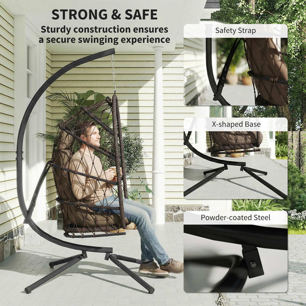 Fauteuil suspendu avec support, en rotin tressé avec coussin épais et corde de sécurité, marron