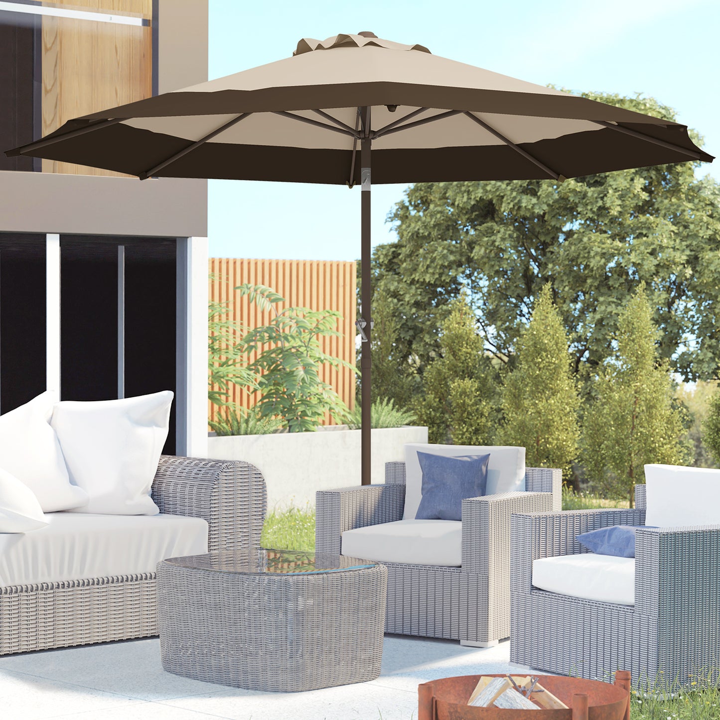Parasol d'extérieur 9 x 9 pi inclinable avec manivelle, marron foncé