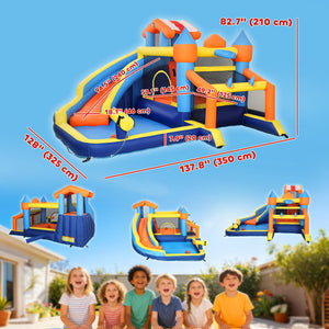 Château gonflable pour enfants avec toboggan, piscine à balles, mur d'escalade et souffleur