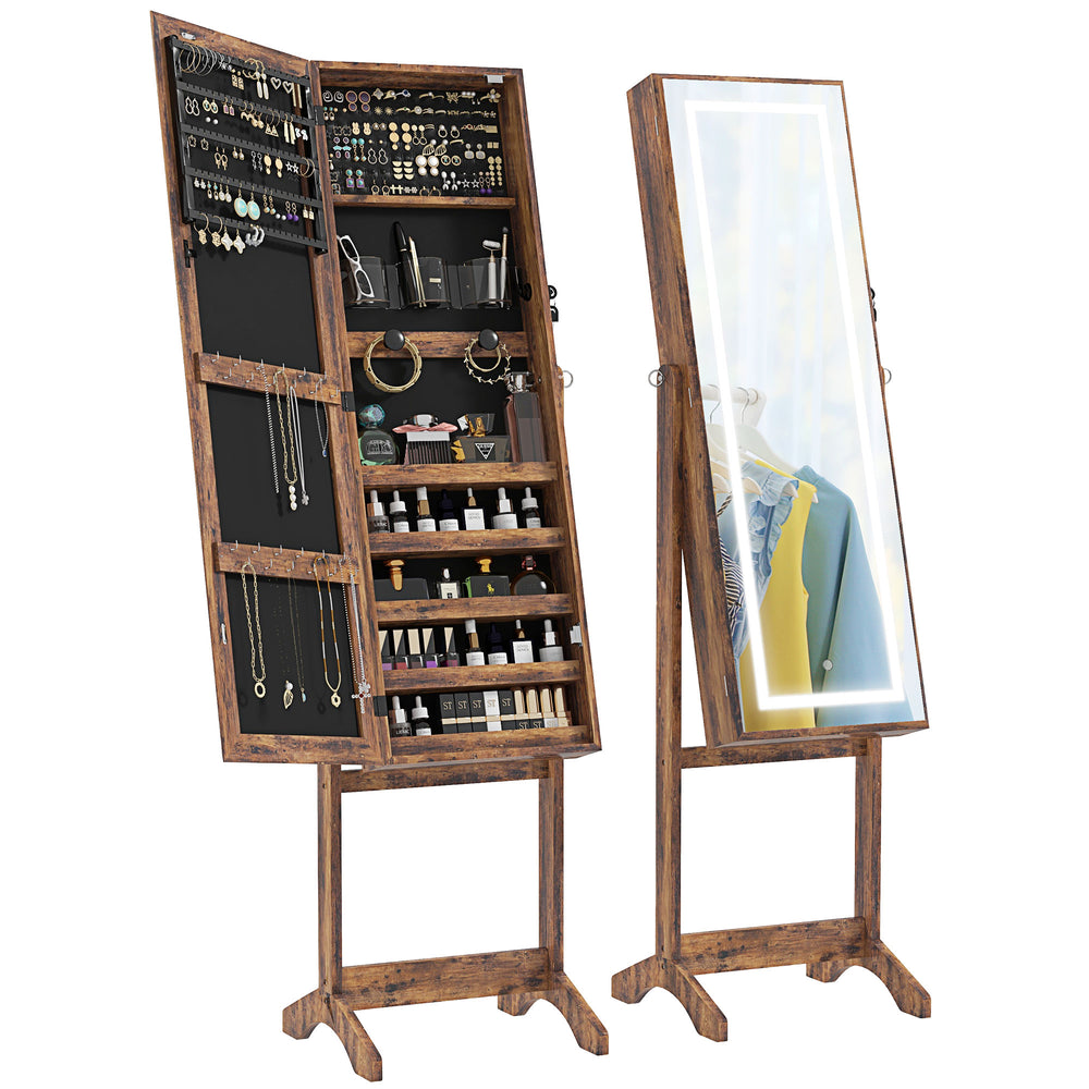 Armoire à bijoux verrouillable avec éclairage LED et rangement, marron rustique