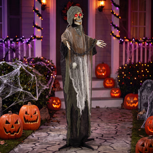 Faucheur enchaîné animé d’Halloween de 5,6 pi avec yeux DEL, sons et mouvements – Noir, blanc et brun