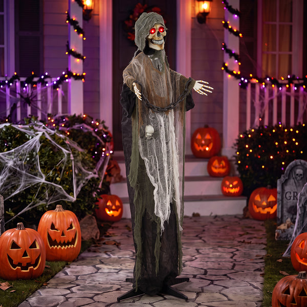 Faucheur enchaîné animé d’Halloween de 5,6 pi avec yeux DEL, sons et mouvements – Noir, blanc et brun