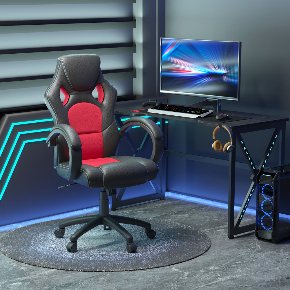 Chaise de gaming avec roulettes pivotantes, appui-tête rembourré et fonction inclinable, rouge