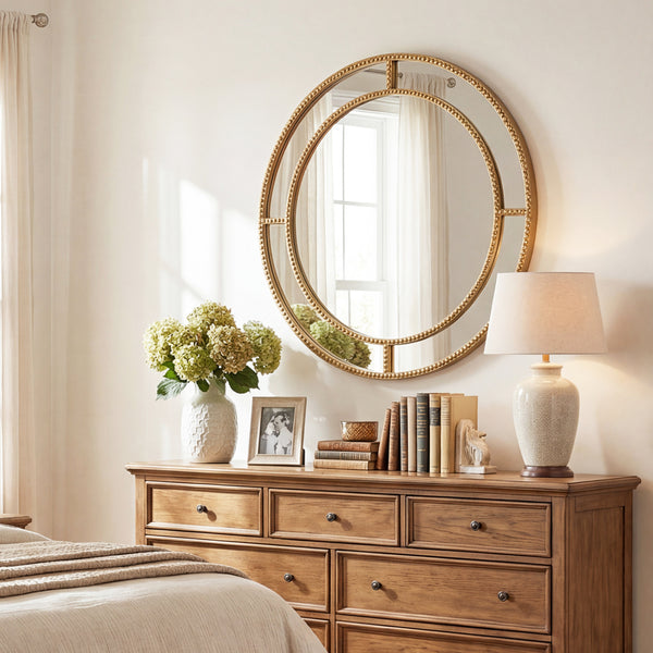 Miroir mural rond doré de 28 pouces avec cadre perlé pour salon et entrée - Doré