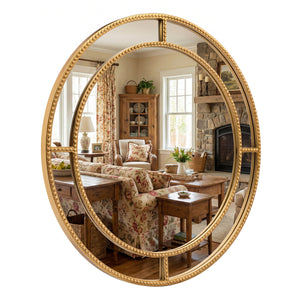 Miroir mural rond doré de 28 pouces avec cadre perlé pour salon et entrée - Doré
