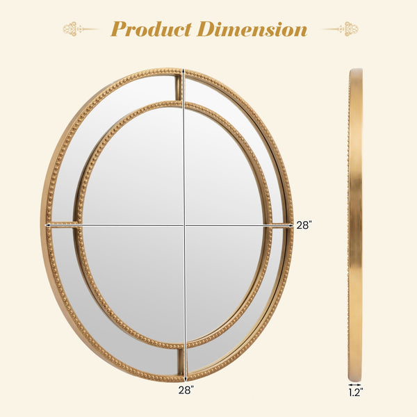 Miroir mural rond doré de 28 pouces avec cadre perlé pour salon et entrée - Doré